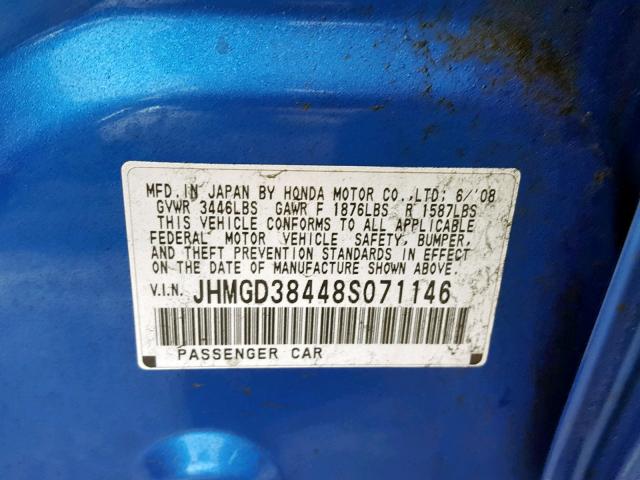 JHMGD38448S071146 - 2008 HONDA FIT BLUE photo 10