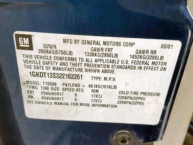 1GKDT13S322162261 - 2002 GMC ENVOY BLUE photo 10