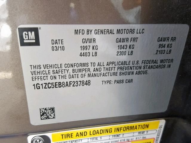 1G1ZC5EB8AF237848 - 2010 CHEVROLET MALIBU 1LT ყავისფერი ფოტო 10