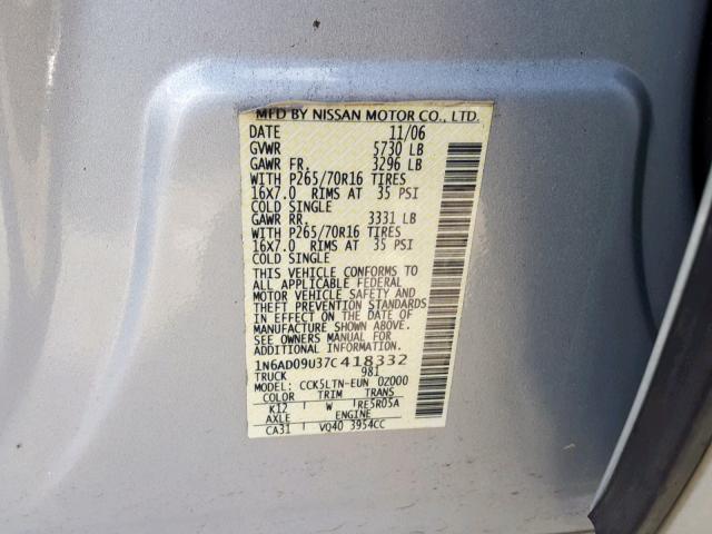 1N6AD09U37C418332 - 2007 NISSAN FRONTIER C SILVER photo 10