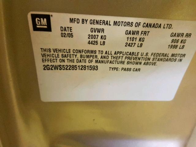 2G2WS522851281593 - 2005 PONTIAC GRAND PRIX GOLD photo 10