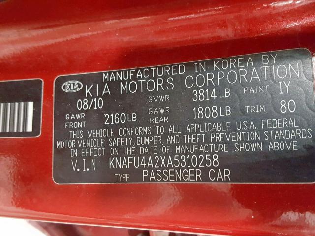 KNAFU4A2XA5310258 - 2010 KIA FORTE EX RED photo 10