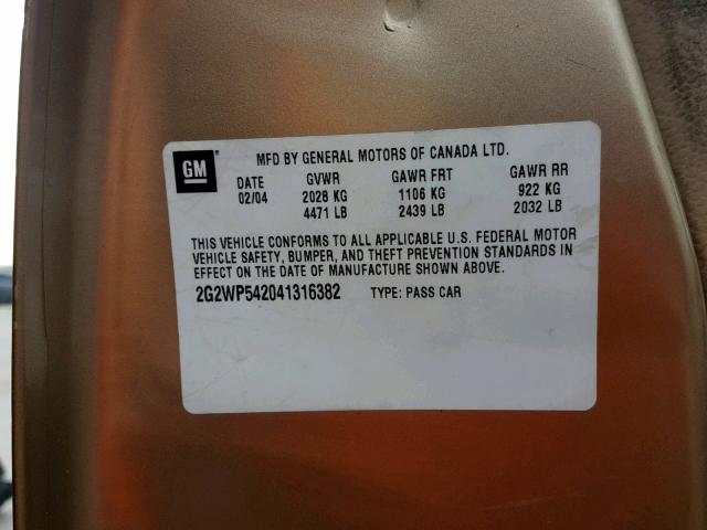 2G2WP542041316382 - 2004 PONTIAC GRAND PRIX BEIGE photo 10
