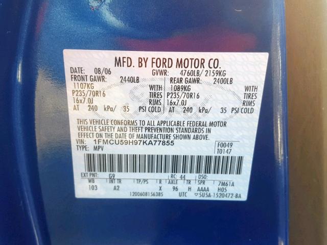 1FMCU59H97KA77855 - 2007 FORD ESCAPE HEV BLUE photo 10