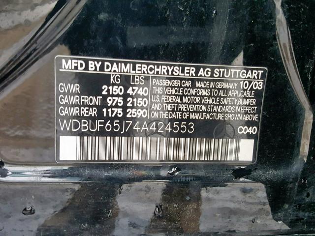 WDBUF65J74A424553 - 2004 MERCEDES-BENZ E 320 BLACK photo 10