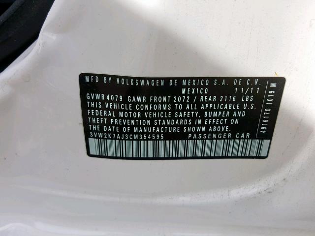 3VW2K7AJ3CM354595 - 2012 VOLKSWAGEN JETTA BASE WHITE photo 10
