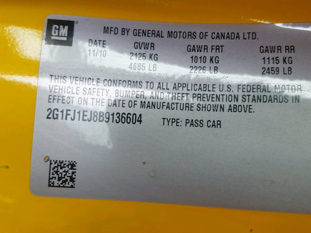 2G1FJ1EJ8B9136604 - 2011 CHEVROLET CAMARO SS YELLOW photo 10