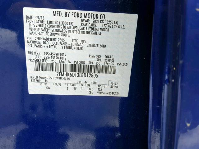 2FMHK6DT3EBD12805 - 2014 FORD FLEX LIMIT BLUE photo 10