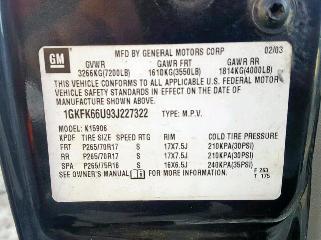 1GKFK66U93J227322 - 2003 GMC YUKON XL D BLACK photo 10