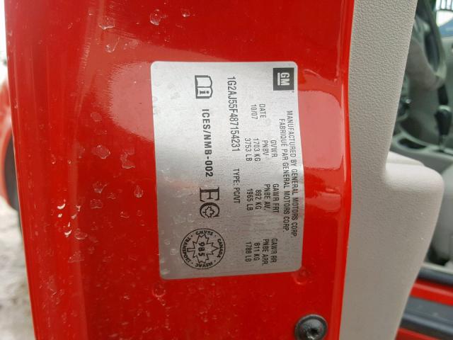1G2AJ55F487154231 - 2008 PONTIAC G5 RED photo 10