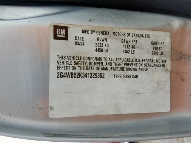 2G4WB52K341329362 - 2004 BUICK REGAL LS SILVER photo 10