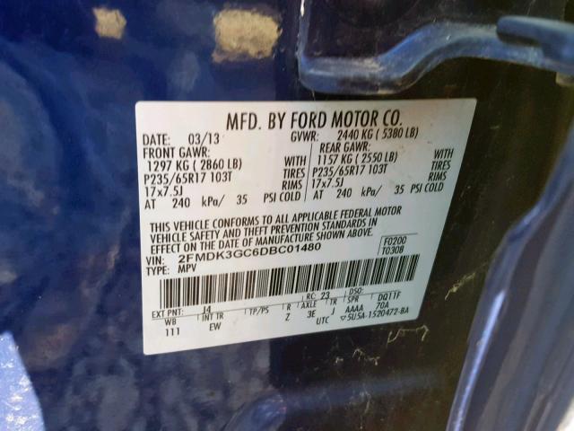 2FMDK3GC6DBC01480 - 2013 FORD EDGE SE BLUE photo 10