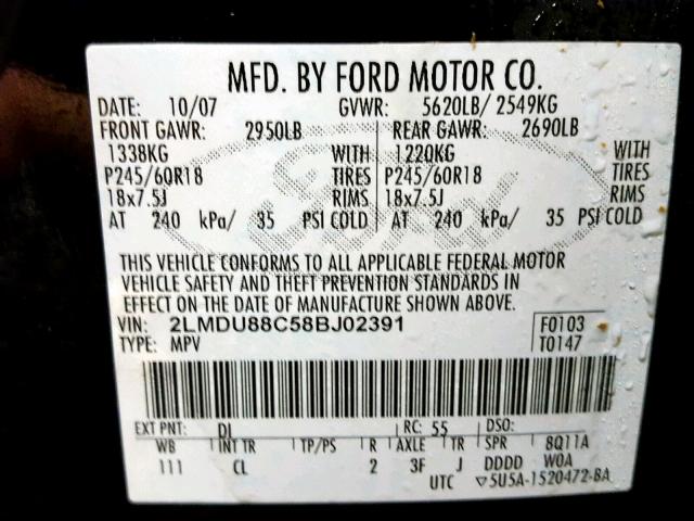 2LMDU88C58BJ02391 - 2008 LINCOLN MKX BLACK photo 10