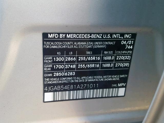 4JGAB54E81A271011 - 2001 MERCEDES-BENZ ML 320 SILVER photo 10