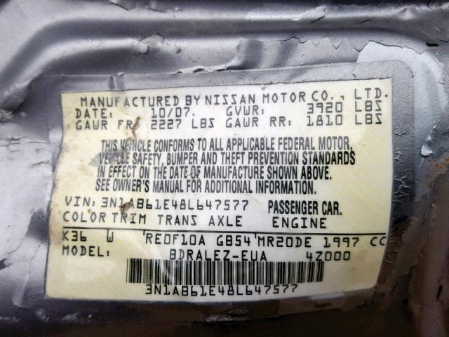 3N1AB61E48L647577 - 2008 NISSAN SENTRA 2.0 GRAY photo 10