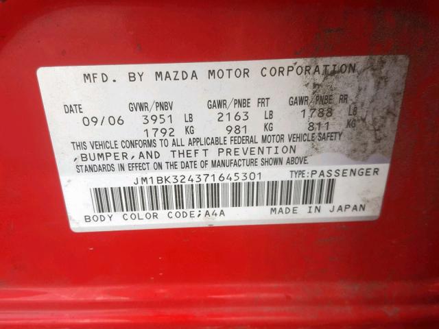 JM1BK324371645301 - 2007 MAZDA 3 S RED photo 10