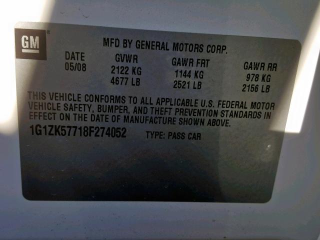 1G1ZK57718F274052 - 2008 CHEVROLET MALIBU LTZ WHITE photo 10