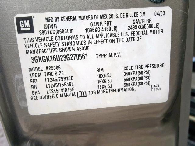 3GKGK26U23G270561 - 2003 GMC YUKON XL K BROWN photo 10