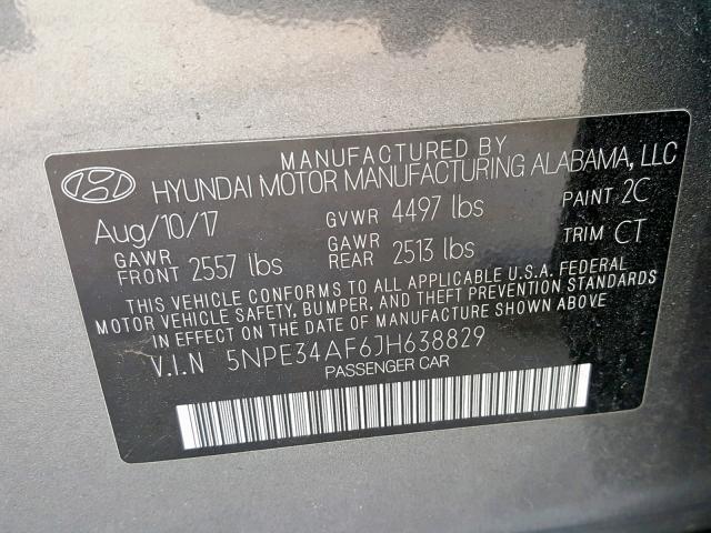 5NPE34AF6JH638829 - 2018 HYUNDAI SONATA SPO GRAY photo 10