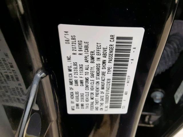 19UUB2F51FA002838 - 2015 ACURA TLX TECH შავი ფოტო 10