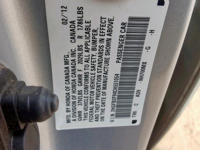 2HGFB2F94CH551054 - 2012 HONDA CIVIC EXL SILVER photo 10