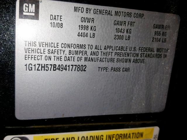 1G1ZH57B494177802 - 2009 CHEVROLET MALIBU 1LT 石墨色 照片 10