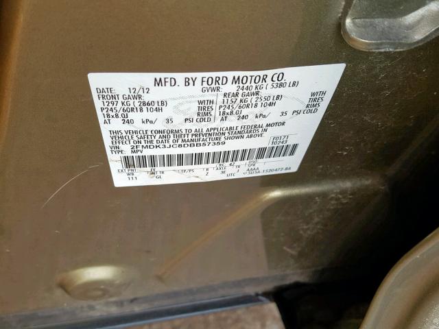 2FMDK3JC8DBB57359 - 2013 FORD EDGE SEL GREEN photo 10