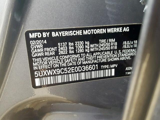 5UXWX9C52E0D36601 - 2014 BMW X3 XDRIVE2 GRAY photo 10