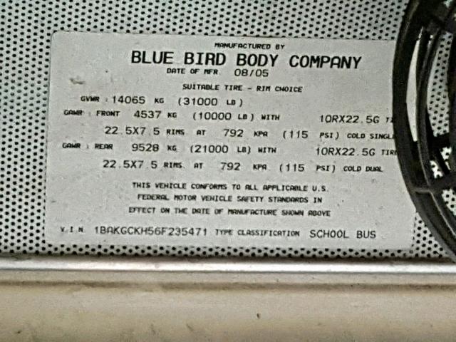 1BAKGCKH56F235471 - 2006 BLUE BIRD SCHOOL BUS YELLOW photo 10