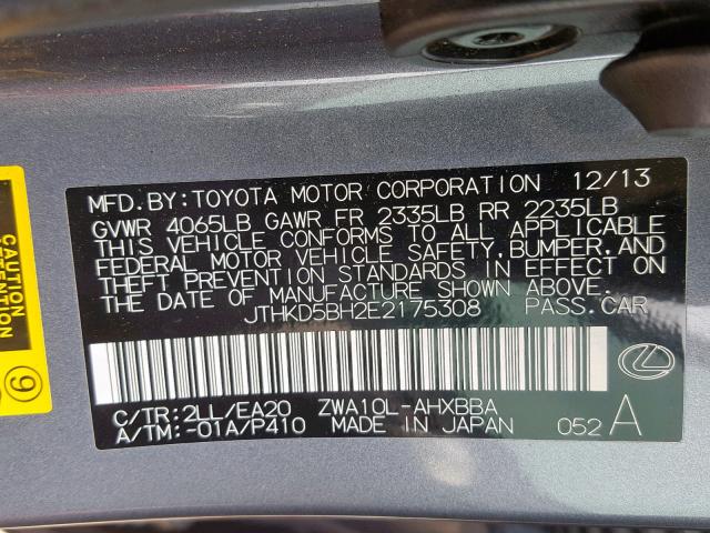 JTHKD5BH2E2175308 - 2014 LEXUS CT 200 CHARCOAL photo 10