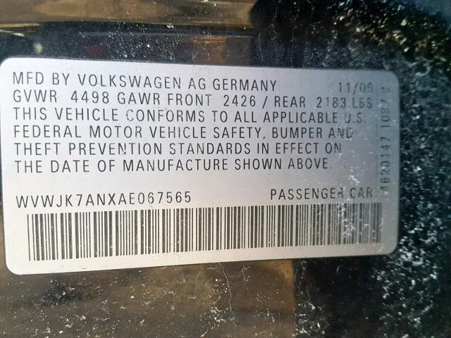 WVWJK7ANXAE067565 - 2010 VOLKSWAGEN PASSAT KOM BLACK photo 10