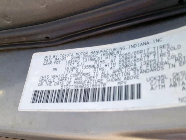 5TDZT38A03S188470 - 2003 TOYOTA SEQUOIA LI SILVER photo 10