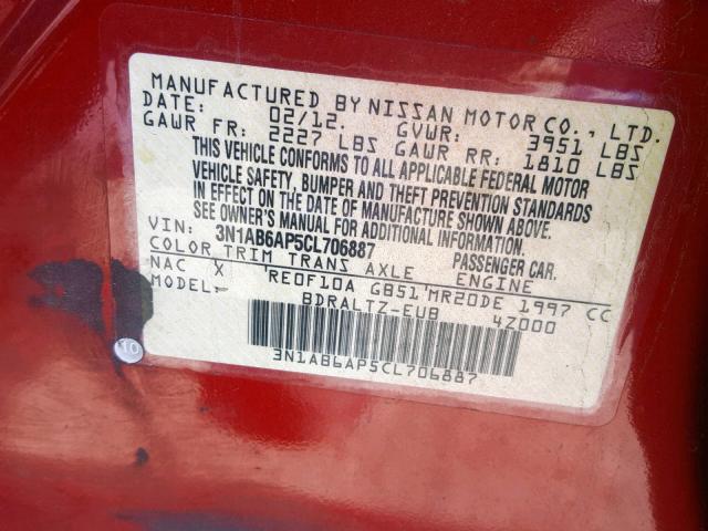 3N1AB6AP5CL706887 - 2012 NISSAN SENTRA 2.0 RED photo 10