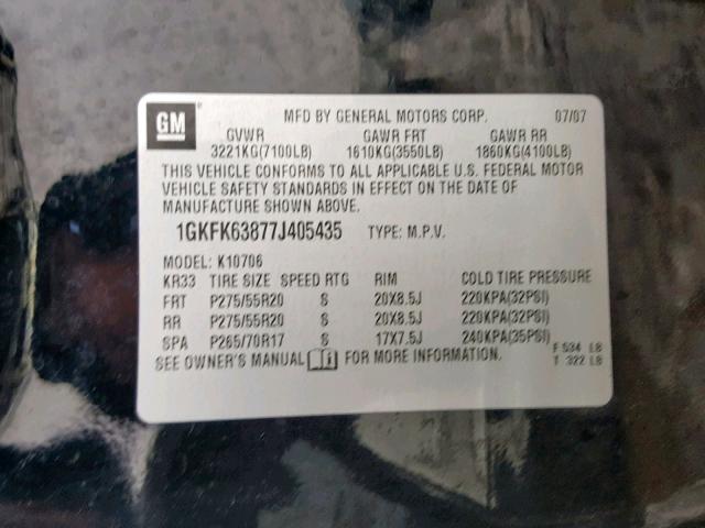 1GKFK63877J405435 - 2007 GMC YUKON DENA BLACK photo 10