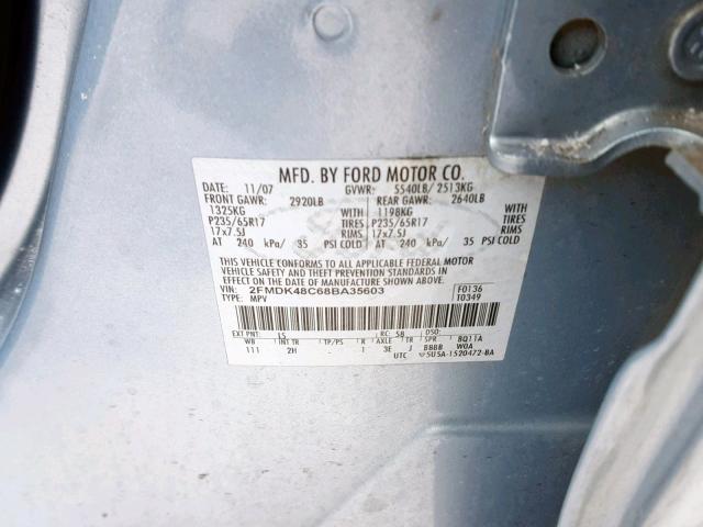 2FMDK48C68BA35603 - 2008 FORD EDGE SEL BLUE photo 10