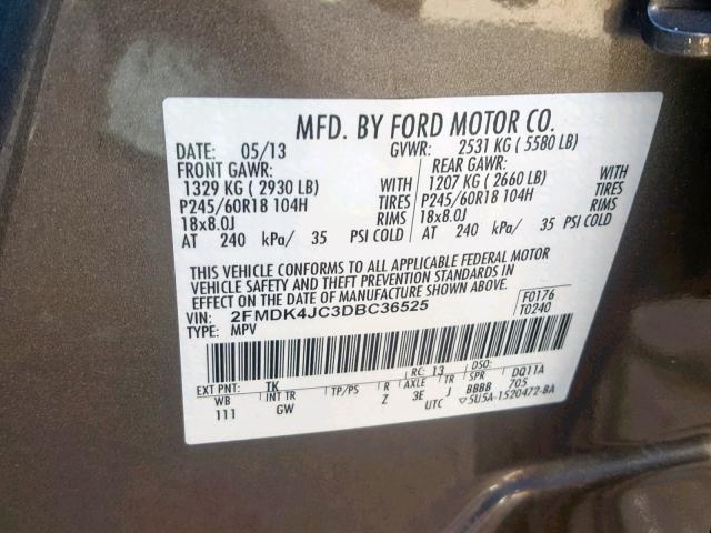 2FMDK4JC3DBC36525 - 2013 FORD EDGE SEL GRAY photo 10