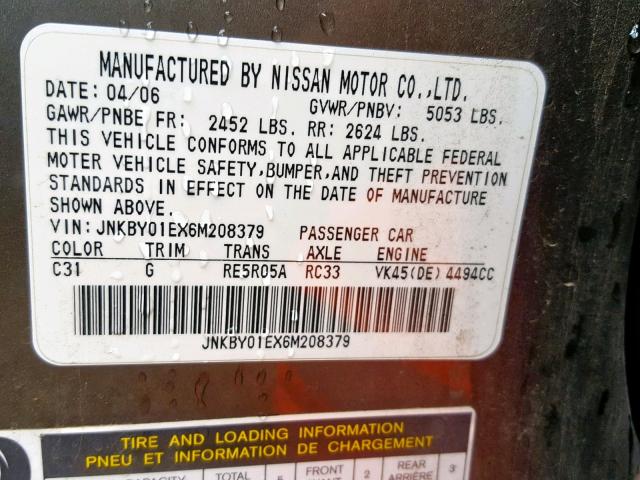 JNKBY01EX6M208379 - 2006 INFINITI M45 BASE GREEN photo 10