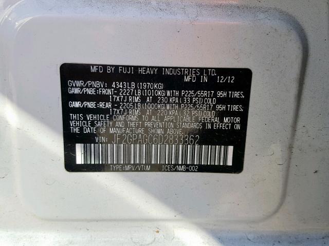 JF2GPAGC6D2833362 - 2013 SUBARU XV CROSSTR WHITE photo 10