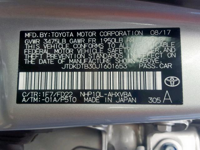 JTDKDTB30J1601653 - 2018 TOYOTA PRIUS C GRAY photo 10