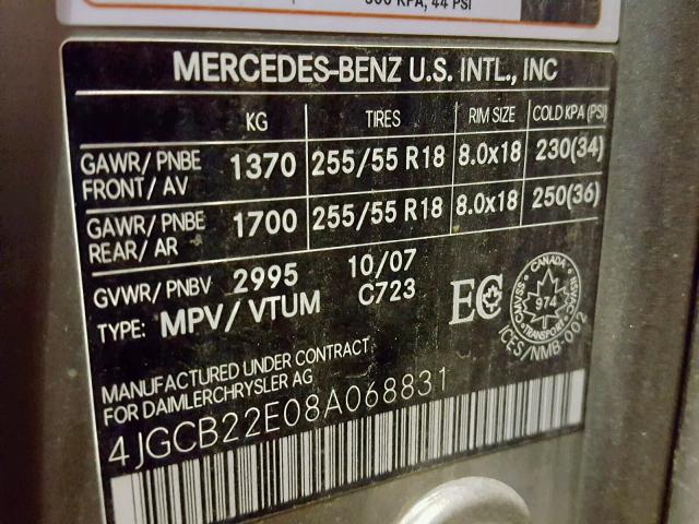 4JGCB22E08A068831 - 2008 MERCEDES-BENZ R 320 CDI SILVER photo 10