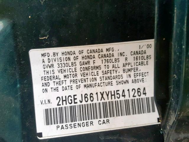 2HGEJ661XYH541264 - 2000 HONDA CIVIC BASE Yaşıl foto 10