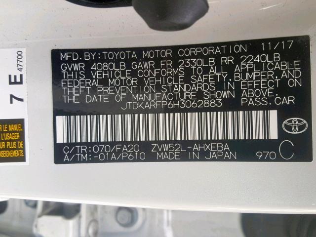 JTDKARFP6H3062883 - 2017 TOYOTA PRIUS PRIM თეთრი ფოტო 10