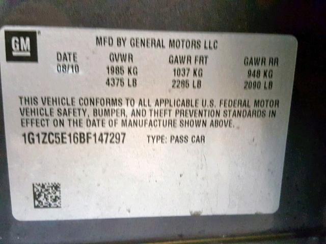 1G1ZC5E16BF147297 - 2011 CHEVROLET MALIBU 1LT ნაცრისფერი ფოტო 10