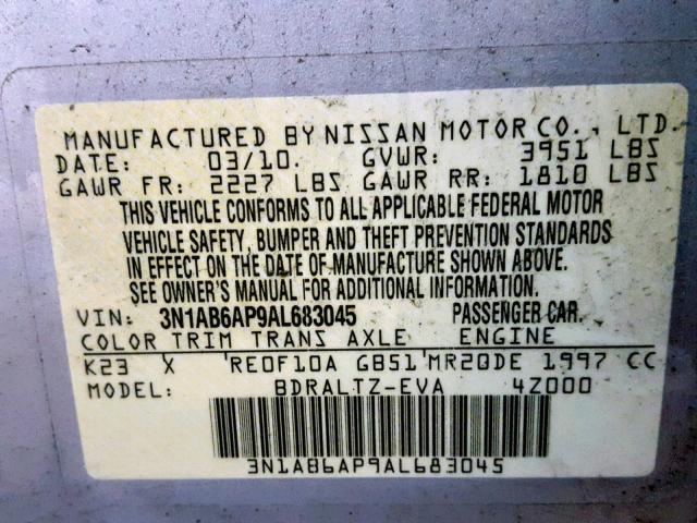 3N1AB6AP9AL683045 - 2010 NISSAN SENTRA 2.0 SILVER photo 10