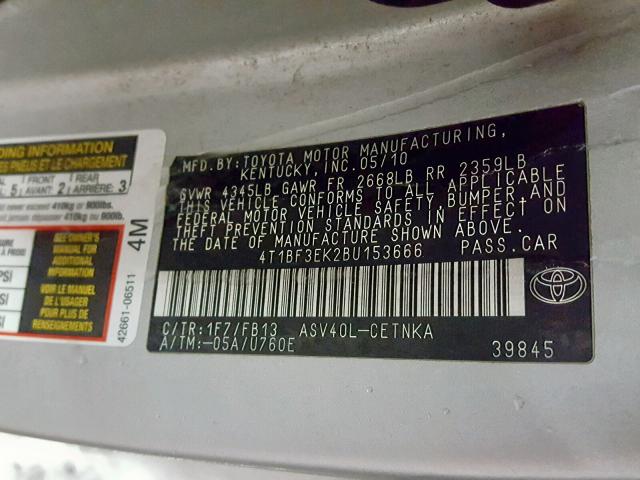 4T1BF3EK2BU153666 - 2011 TOYOTA CAMRY BASE SILVER photo 10