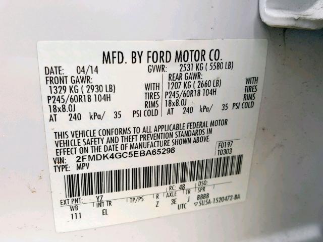 2FMDK4GC5EBA65298 - 2014 FORD EDGE SE WHITE photo 10