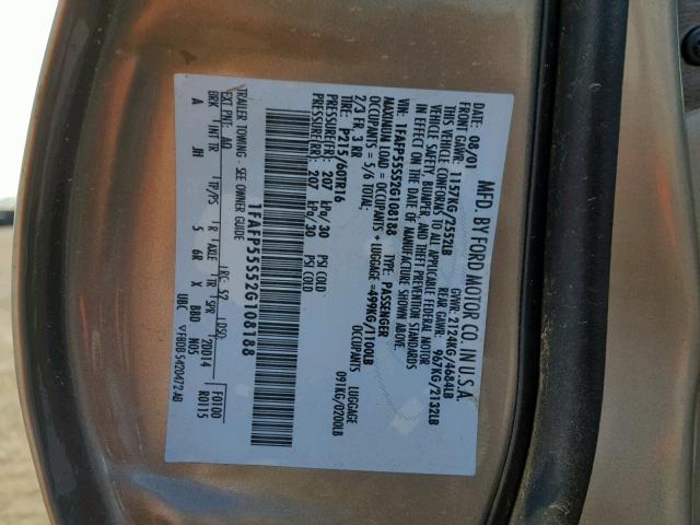 1FAFP55S52G108188 - 2002 FORD TAURUS SES BEIGE photo 10