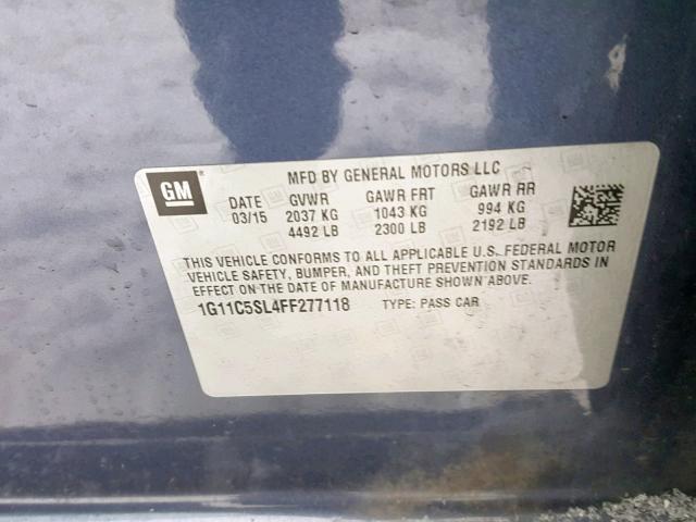 1G11C5SL4FF277118 - 2015 CHEVROLET MALIBU 1LT 蓝色 照片 10