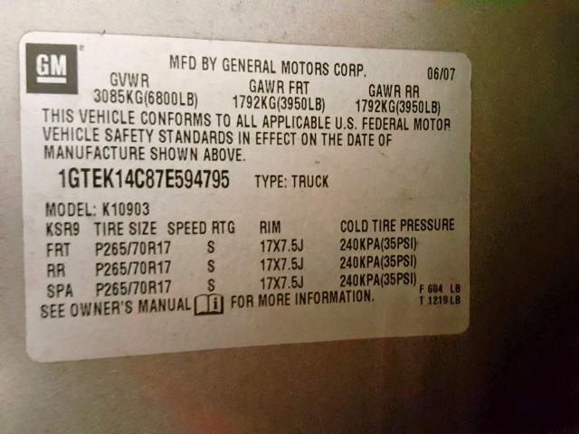 1GTEK14C87E594795 - 2007 GMC NEW SIERRA SILVER photo 10