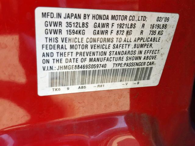 JHMGE88469S059740 - 2009 HONDA FIT SPORT RED photo 10